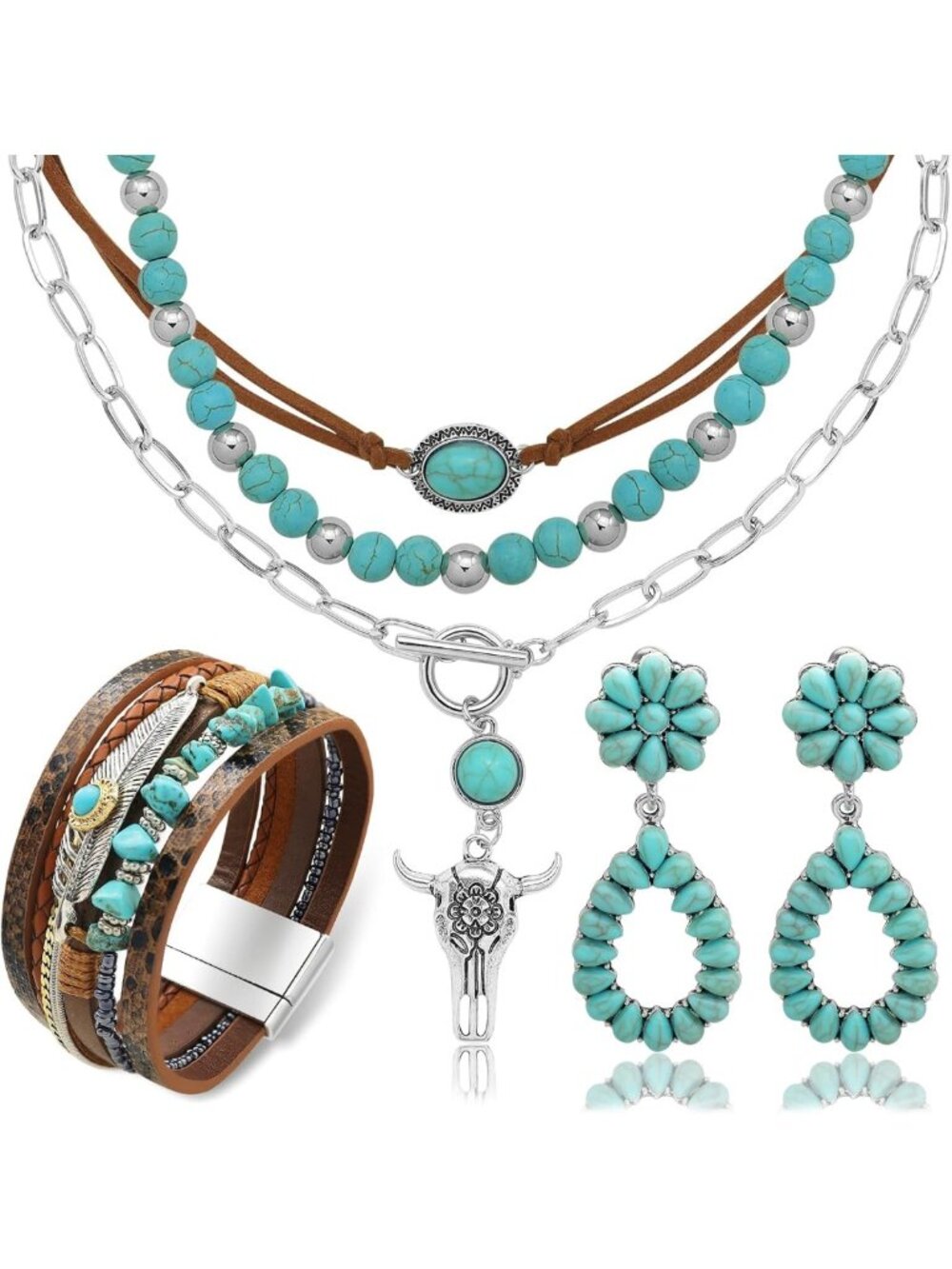 Bohemian Turquoise Jewelry Set: Dangle Earrings, Necklace & Bracelet for